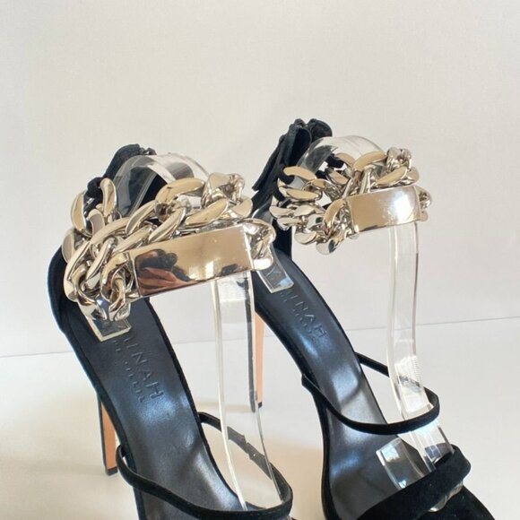 AMINAH ABDUL JILLIL Black Suede Ankle Strap Heels With Silver Chain Detail, size - Picture 7 of 10